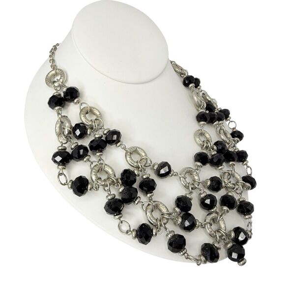 Sparkly Black Beaded Drape Necklace 21" Statement Bib Silver-Tone Formal Jewelry - Picture 5 of 11